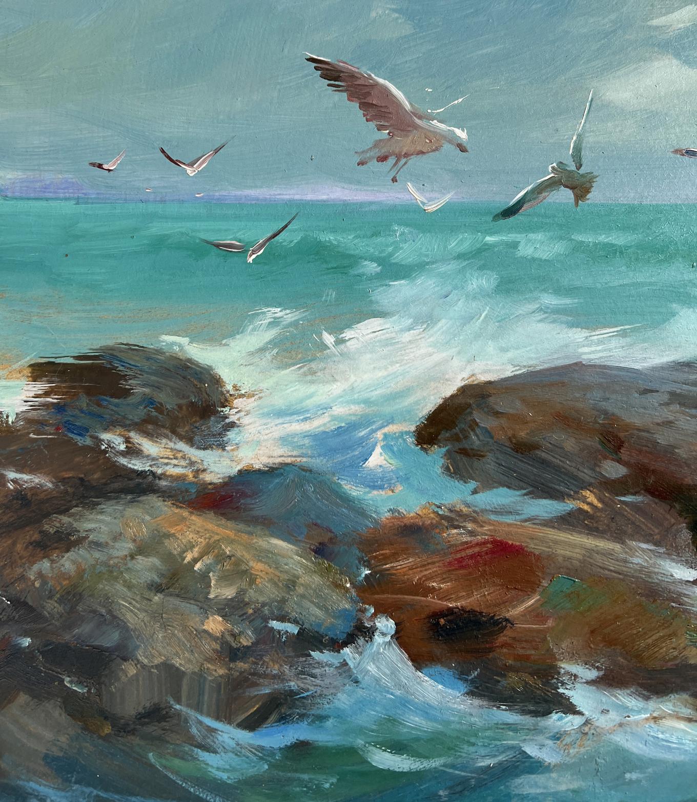 Oil painting Song of the Waves and Wind by Yuriy Suprunchuk: seagulls over turbulent turquoise waves on rocks