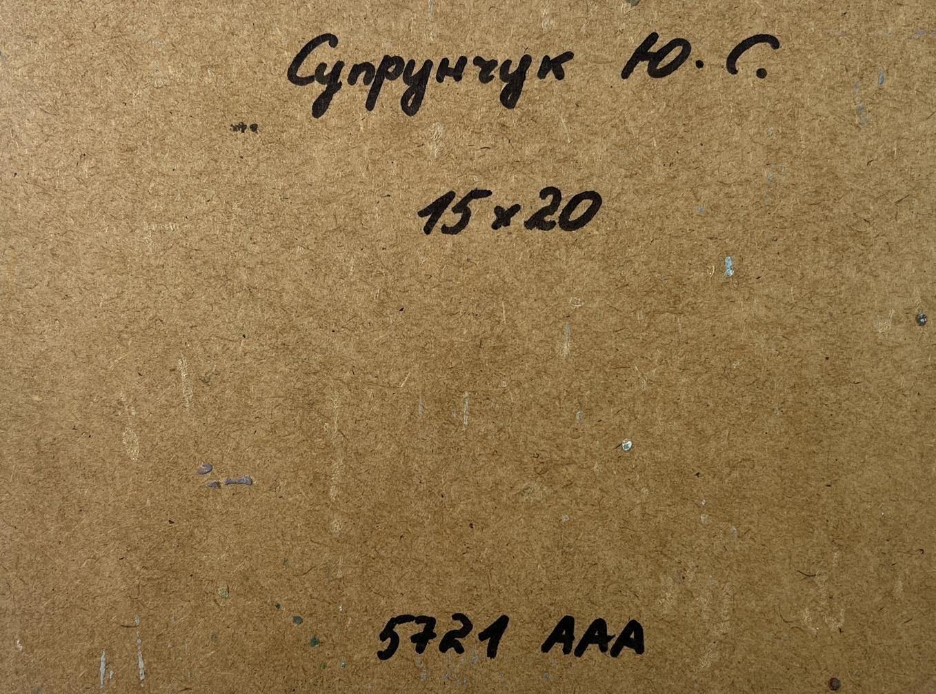 Back of Yuriy Suprunchuk oil painting Yard in the village with handwritten Cyrillic text and measurements on brown cardboard