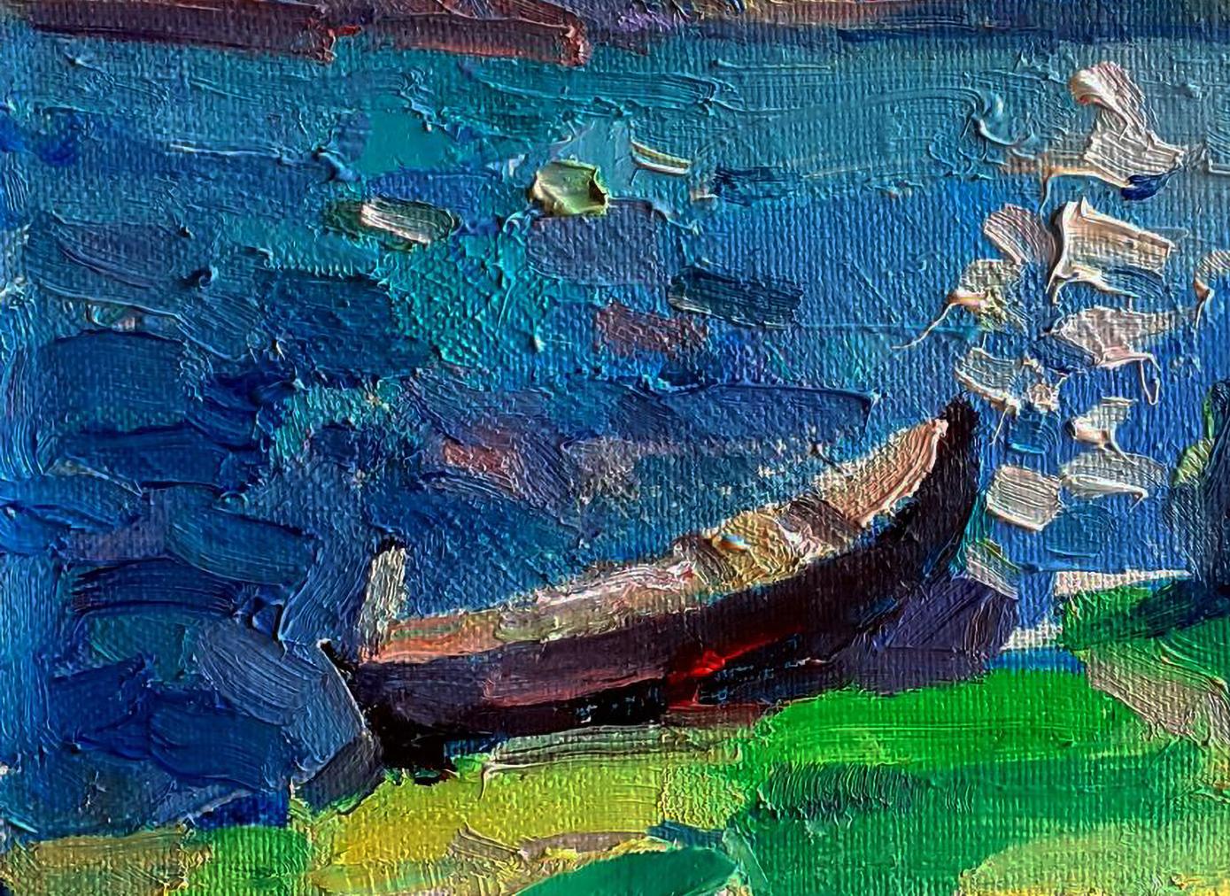 Oil painting of lonely boat on river bank by Pavel Dobrev