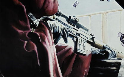 Oil painting Approaching Danger by Igor Konovalov: sniper rifle in gloved hands