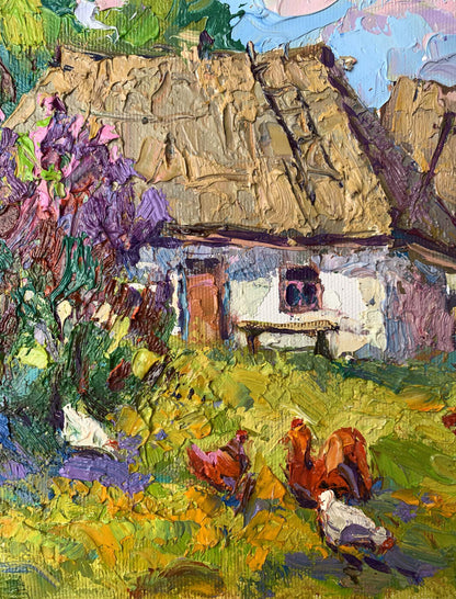 Oil painting by Oksana Ivanyuk of rustic cottage with thatched roof amid purple flowers
