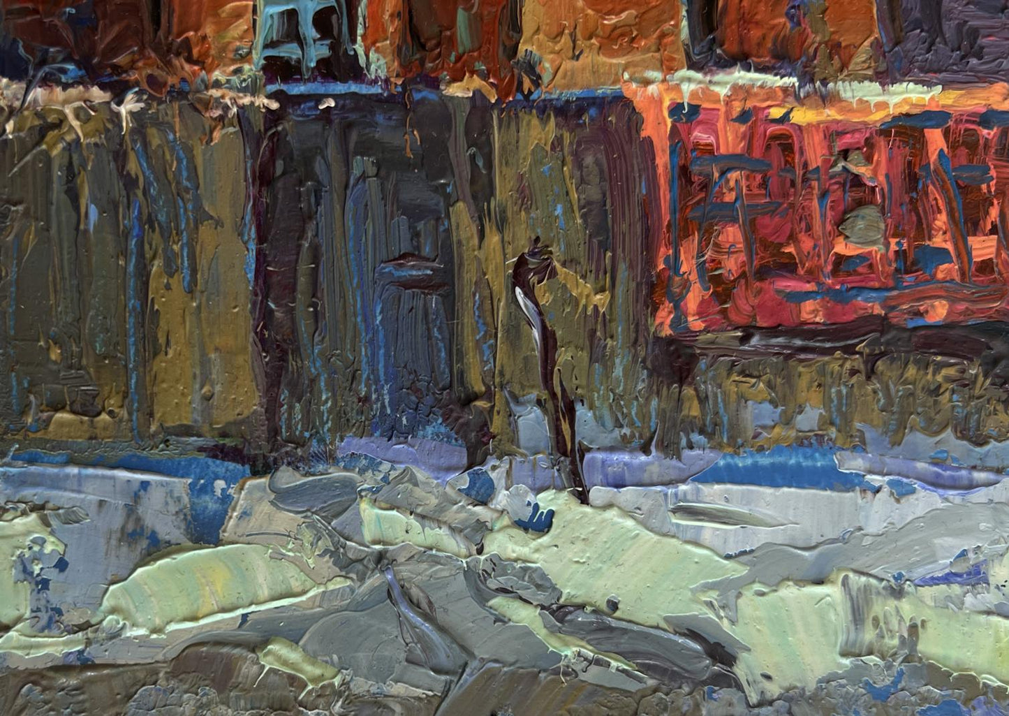 Oil painting of sunset behind rooftops by Oksana Ivanyuk