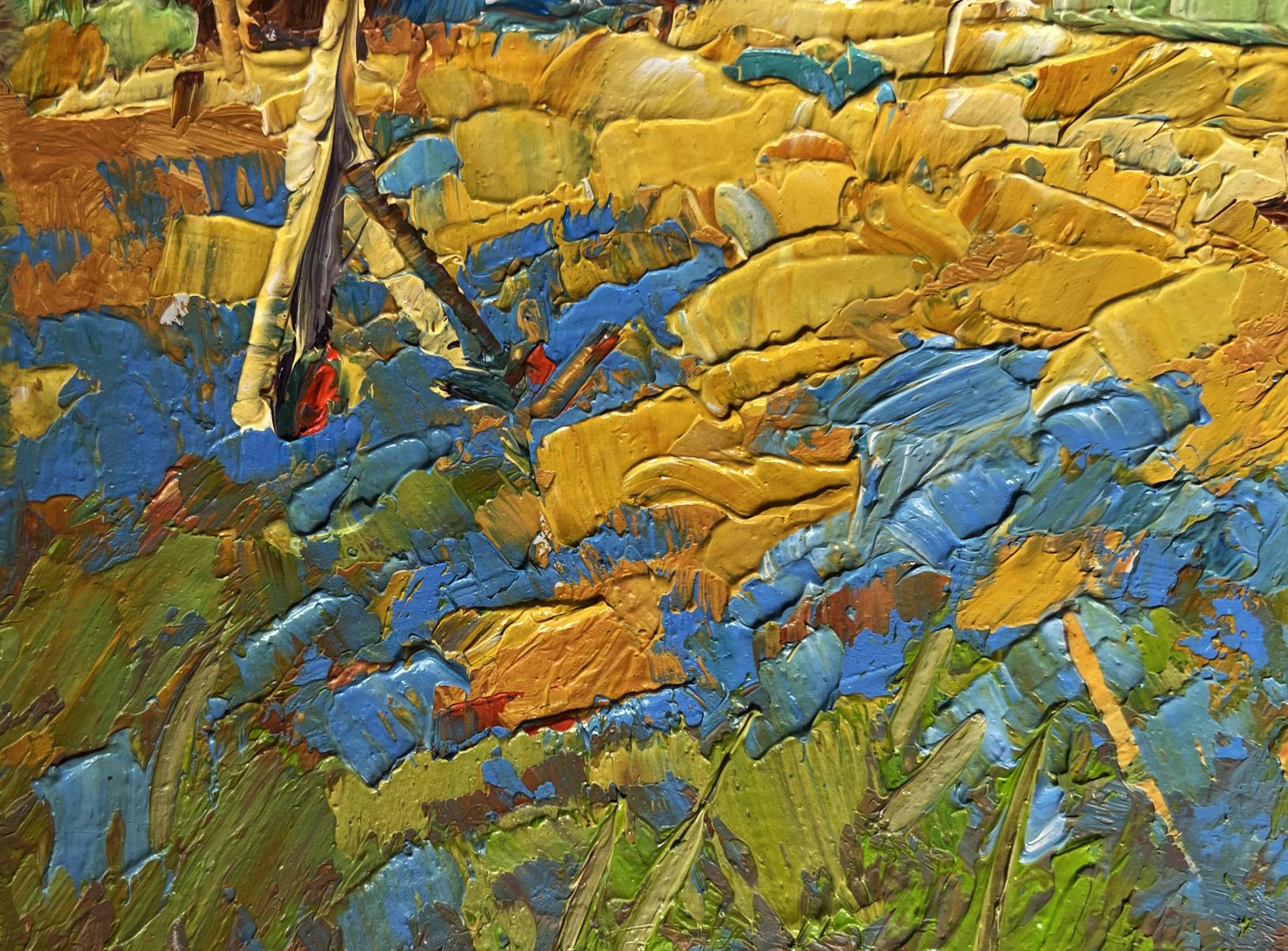 Oil painting of cow in field near village by Oksana Ivanyuk