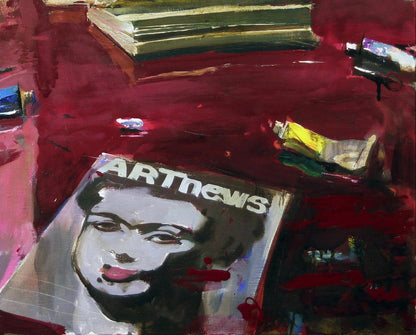 Oil painting of black-and-white ARTnews cover with red lips by Ed Potapenkov
