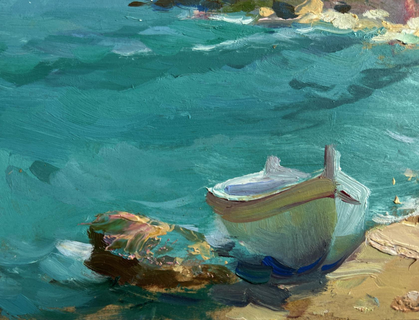 Oil painting After the sea storm by Yuriy Suprunchuk: small white and yellow boat on sandy shore beside turquoise water
