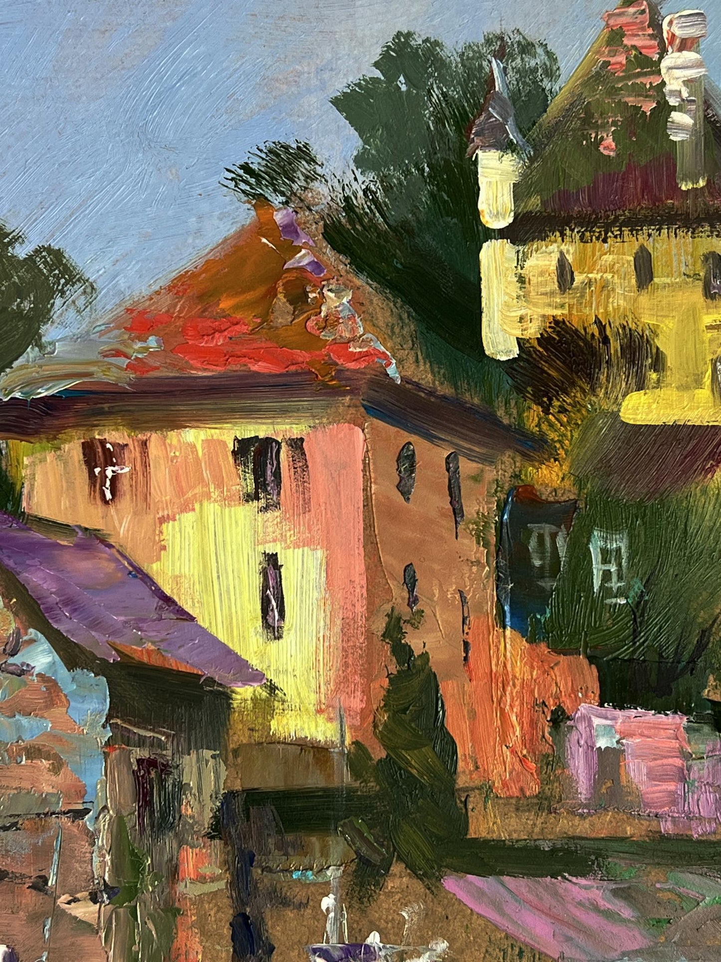 Vibrant impressionist oil painting by Yuriy Suprunchuk of boats near sunlit village house