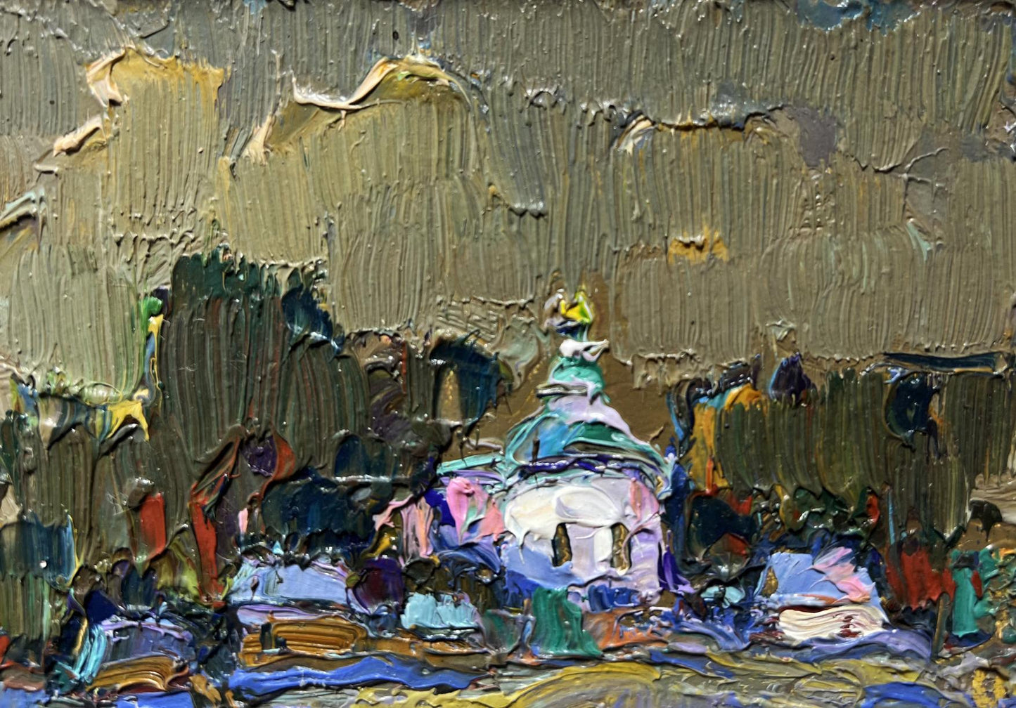 Moonlit night in village oil painting by Oksana Ivanyuk, textured white dome