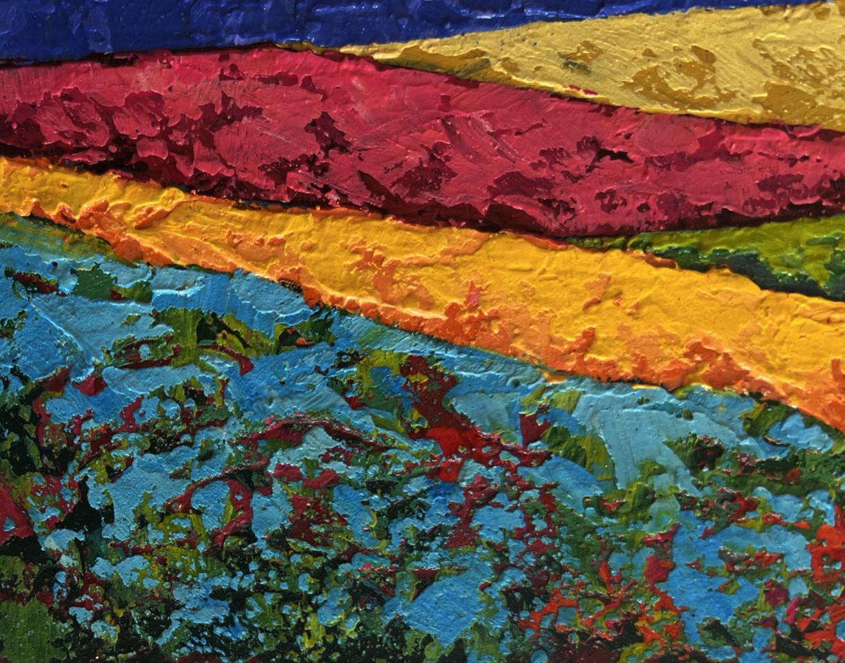 Vibrant oil painting of flower fields and orange tree leaves by V. Zadorozhnya