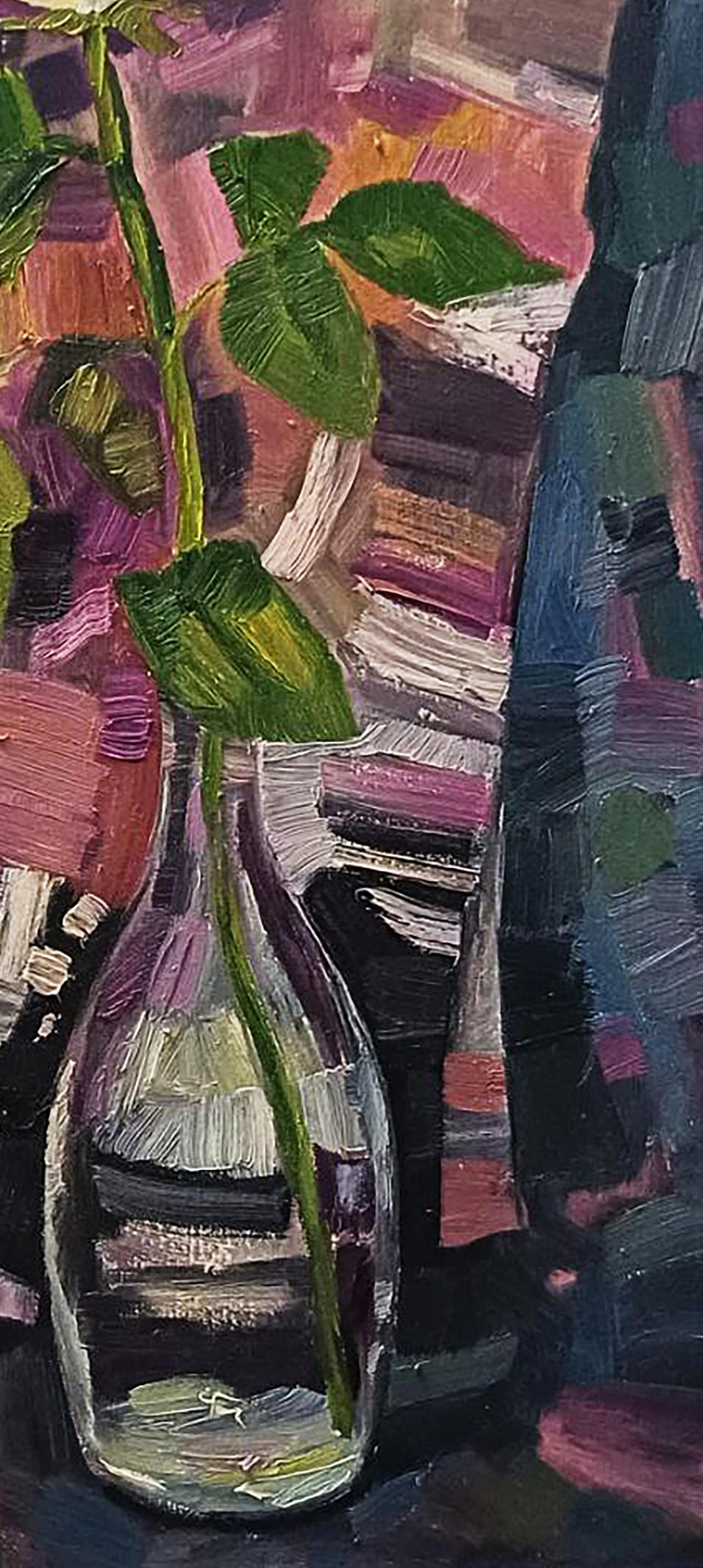 Oil painting of white rose by Tatyana Shulyak with green stem and vibrant leaves