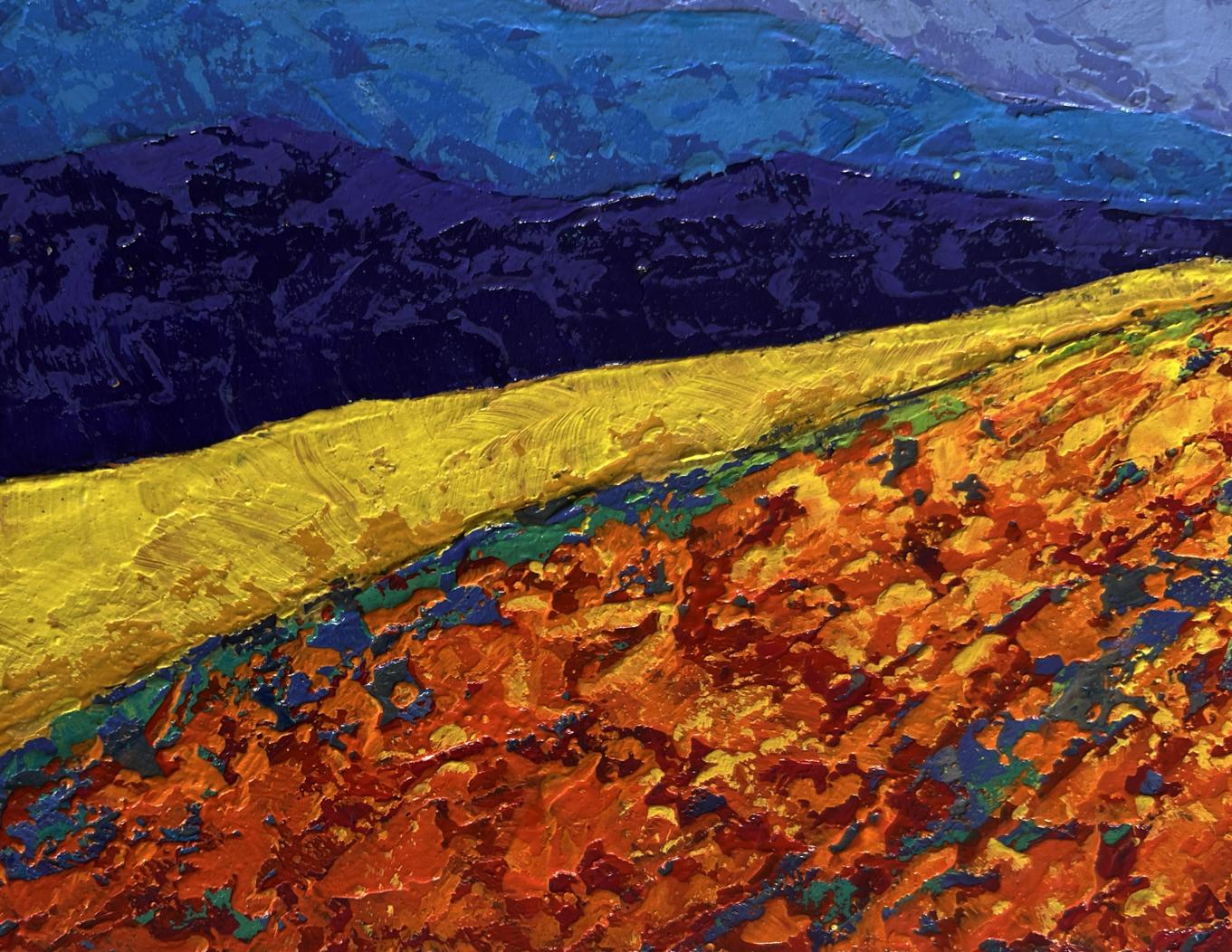 Vibrant oil painting The last ray of sunshine by V. Zadorozhnya with blue mountains and golden ridge