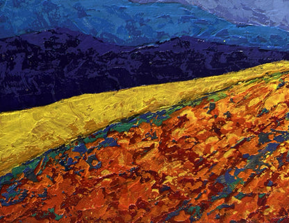 Vibrant oil painting The last ray of sunshine by V. Zadorozhnya with blue mountains and golden ridge