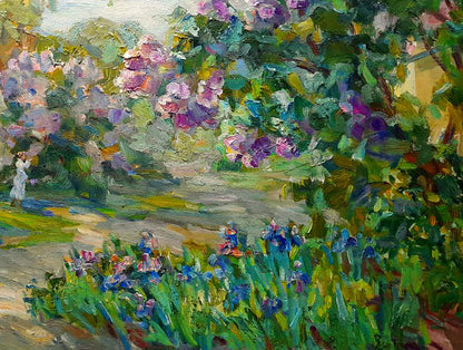 Vibrant Oi painting by Ivan Kovalenko: lilac-scented summer garden with purple blossoms