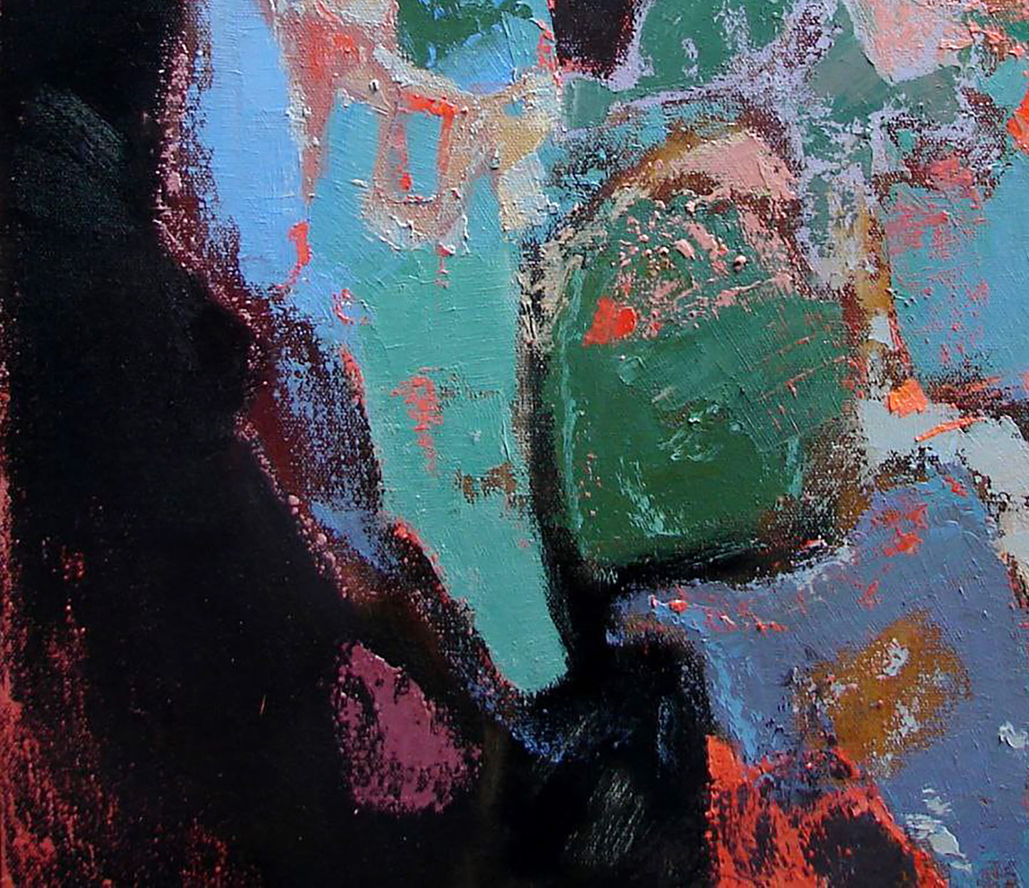 Oil painting Izmir by Tatyana Shulyak with teal green blue red black brushstrokes