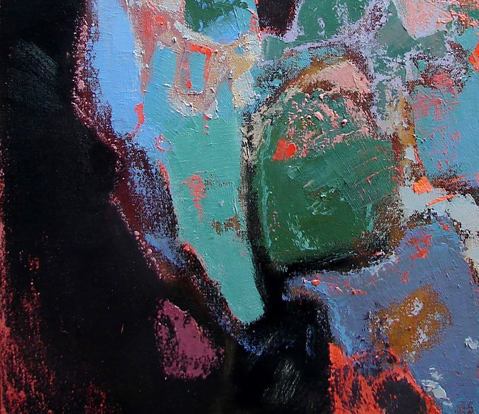 Oil painting Izmir by Tatyana Shulyak with teal green blue red black brushstrokes