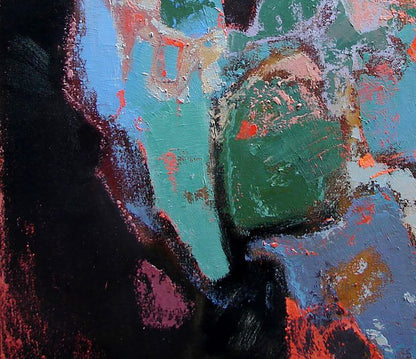 Oil painting Izmir by Tatyana Shulyak with teal green blue red black brushstrokes