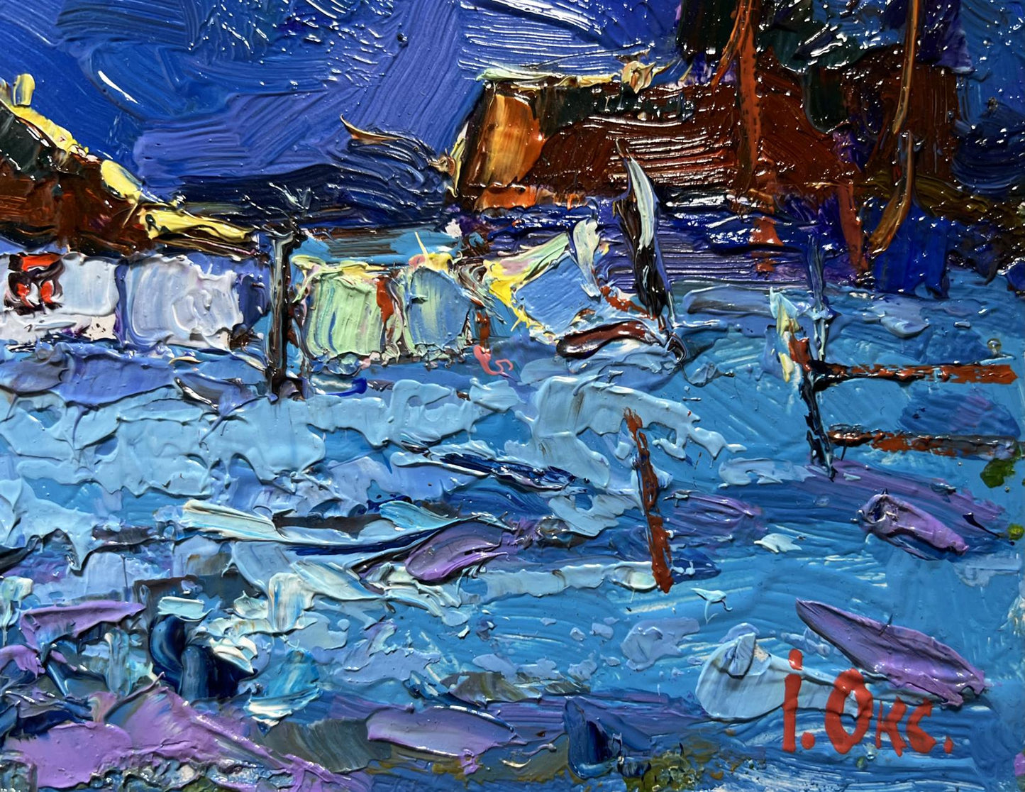 Vibrant blue purple impasto oil painting of moonlit coastal night by Oksana Ivanyuk