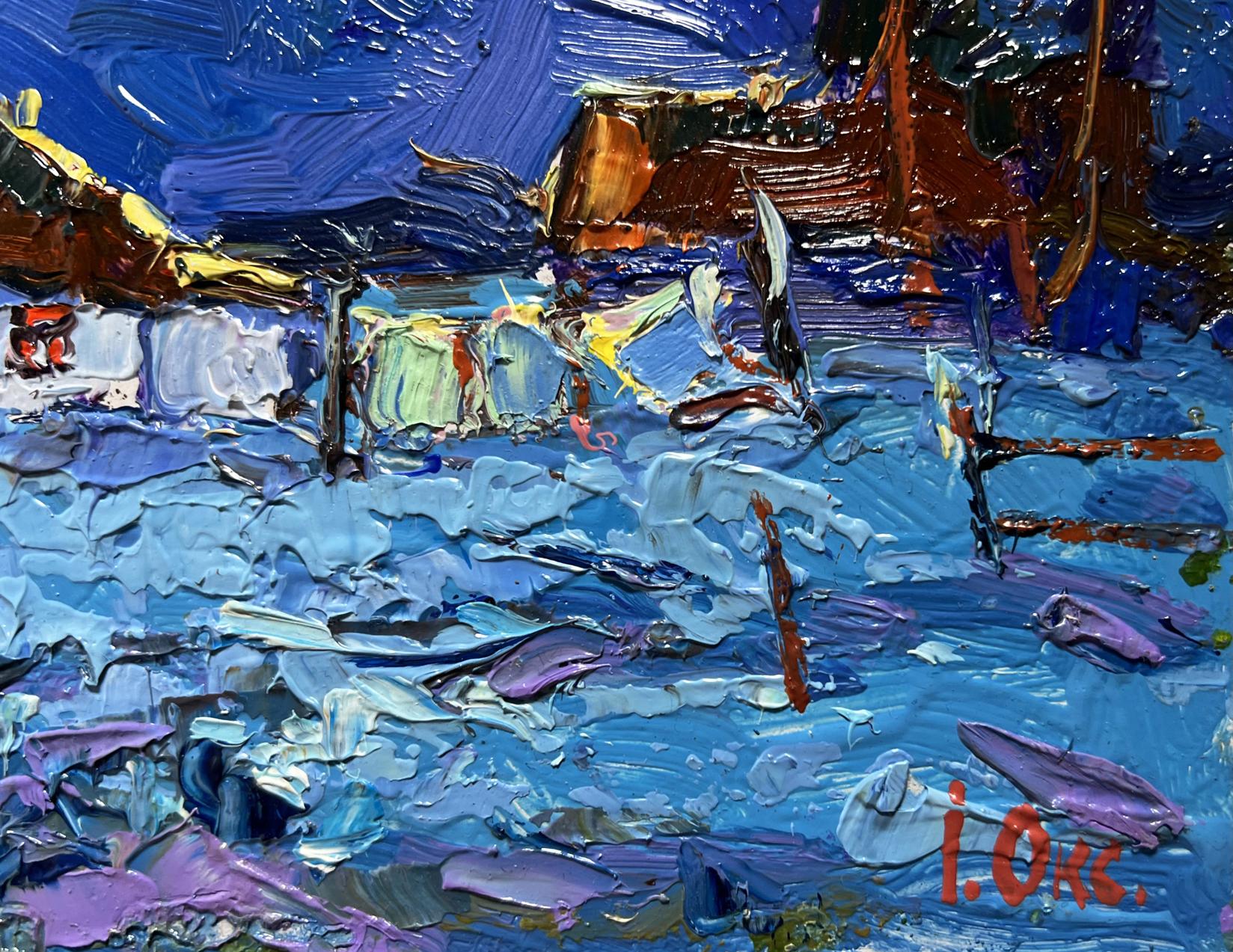 Vibrant blue purple impasto oil painting of moonlit coastal night by Oksana Ivanyuk