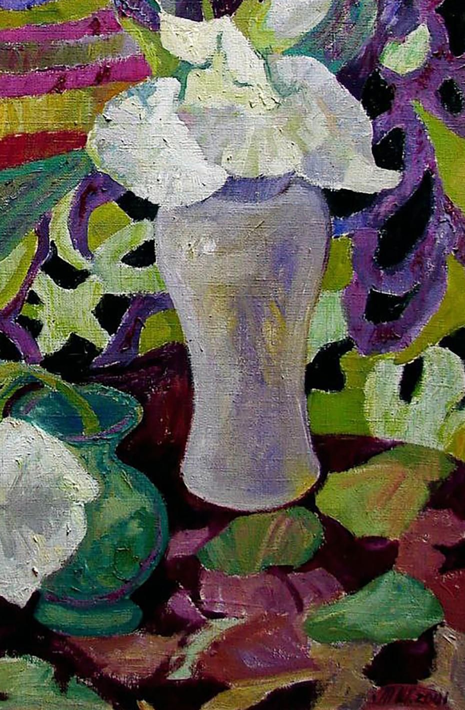 Oil painting Irises by Tatyana Shulyak in lavender ceramic vase with white flowers
