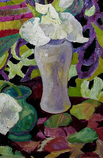 Oil painting Irises by Tatyana Shulyak in lavender ceramic vase with white flowers