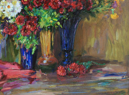 Oil painting Autumn bouquets Leonid Pavlenko with blue amber vases flowers