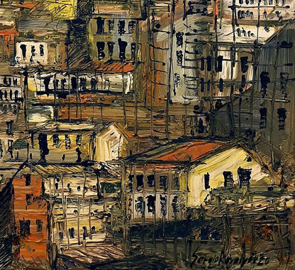 Abstract expressionist oil painting of multi-level city by Serhiy Kovalev