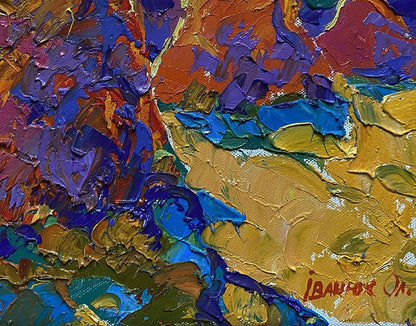 Vibrant oil painting Haystacks in summer field by Oleksiy Ivanyuk