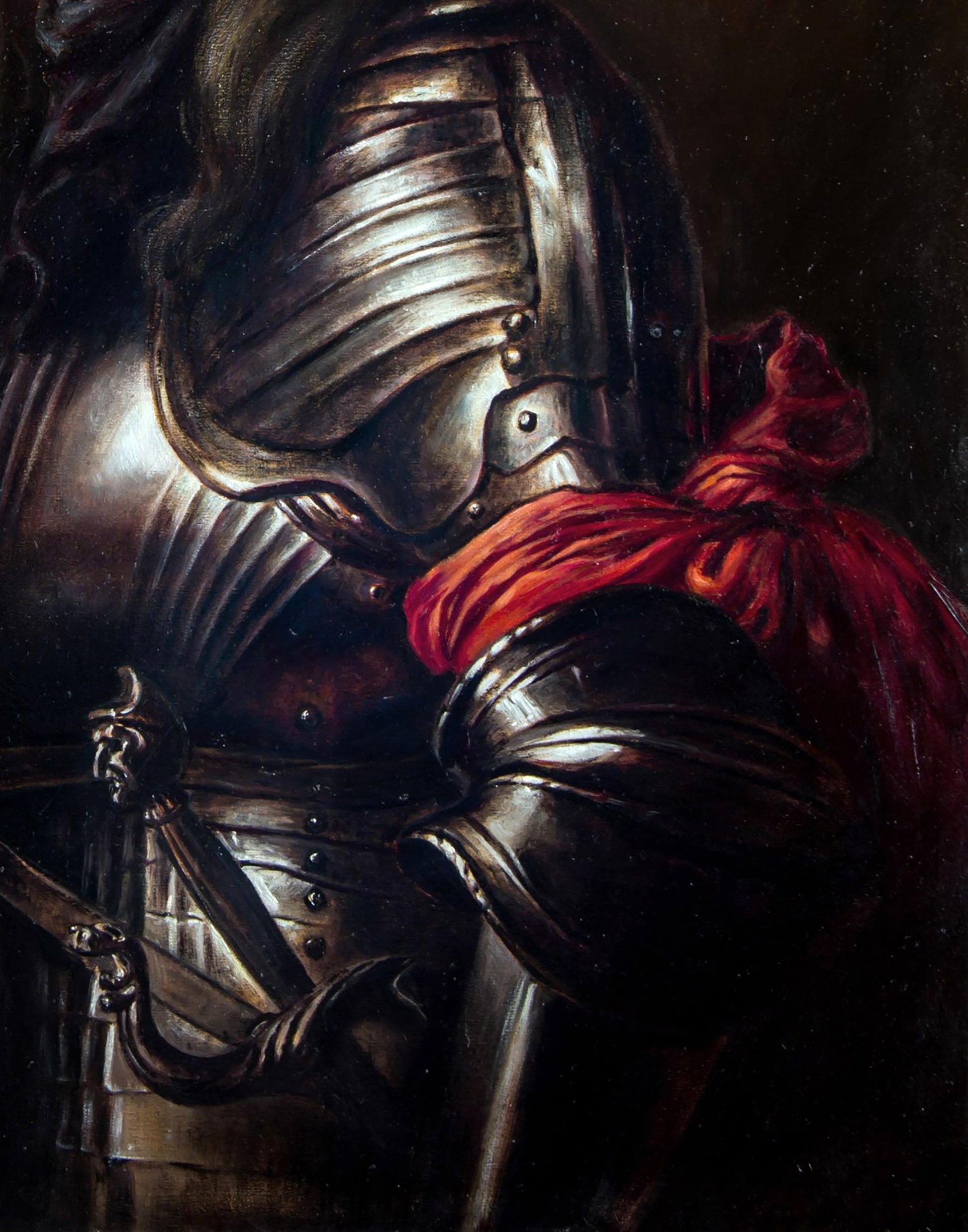 Oil painting self-portrait in shiny black knight armor with red shoulder fabric by Valeriy Bulat