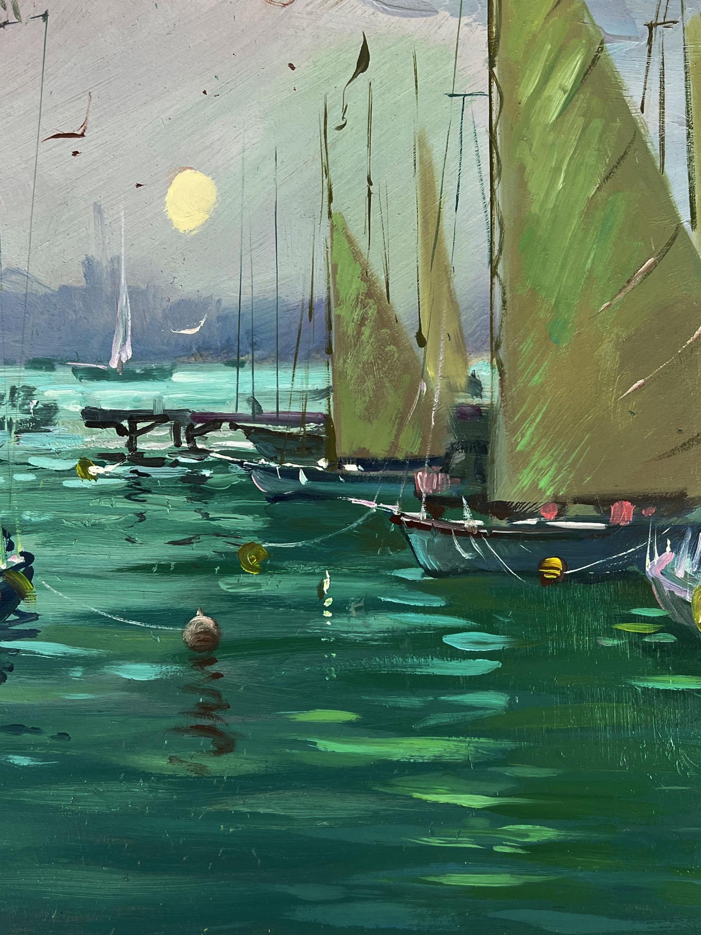 Oil painting Ships at the pier by Yuriy Suprunchuk, sailboats in harbor