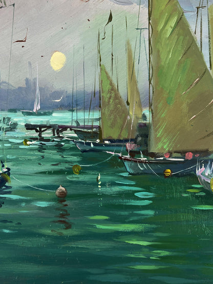 Oil painting Ships at the pier by Yuriy Suprunchuk, sailboats in harbor