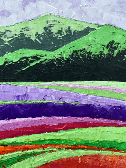 Vibrant oil painting of high green mountains by V. Zadorozhnya