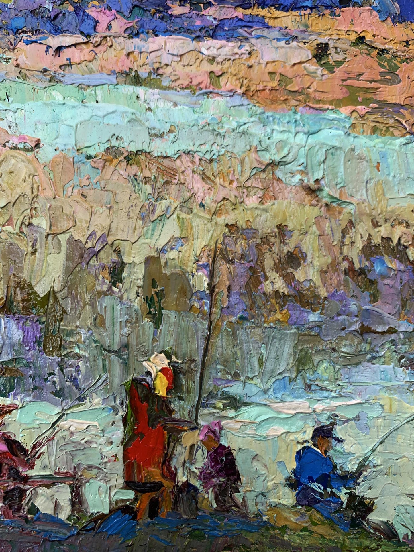 Oil painting Fishing with Friends by Oksana Ivanyuk vibrant landscape