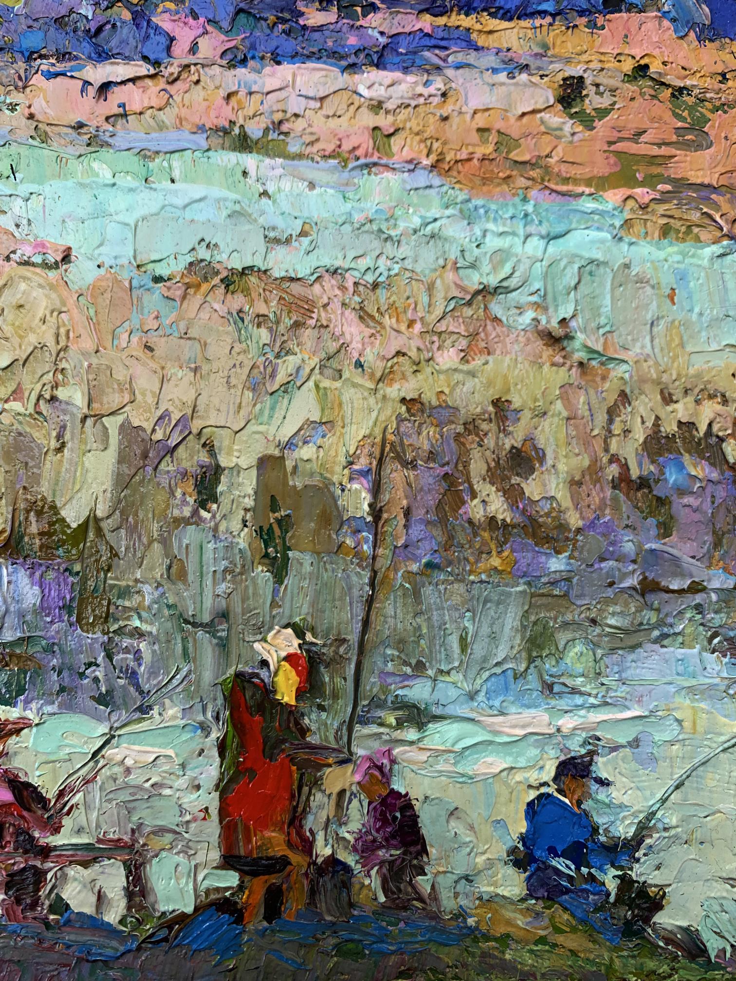 Oil painting Fishing with Friends by Oksana Ivanyuk vibrant landscape