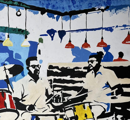 Vibrant blue and white acrylic painting of jazz musicians in cafe by Arturo Banks