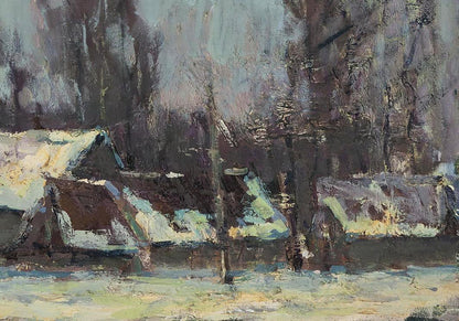 Snow-dusted wooden houses in Oil painting After a cold night by Volodymyr Pashchenko