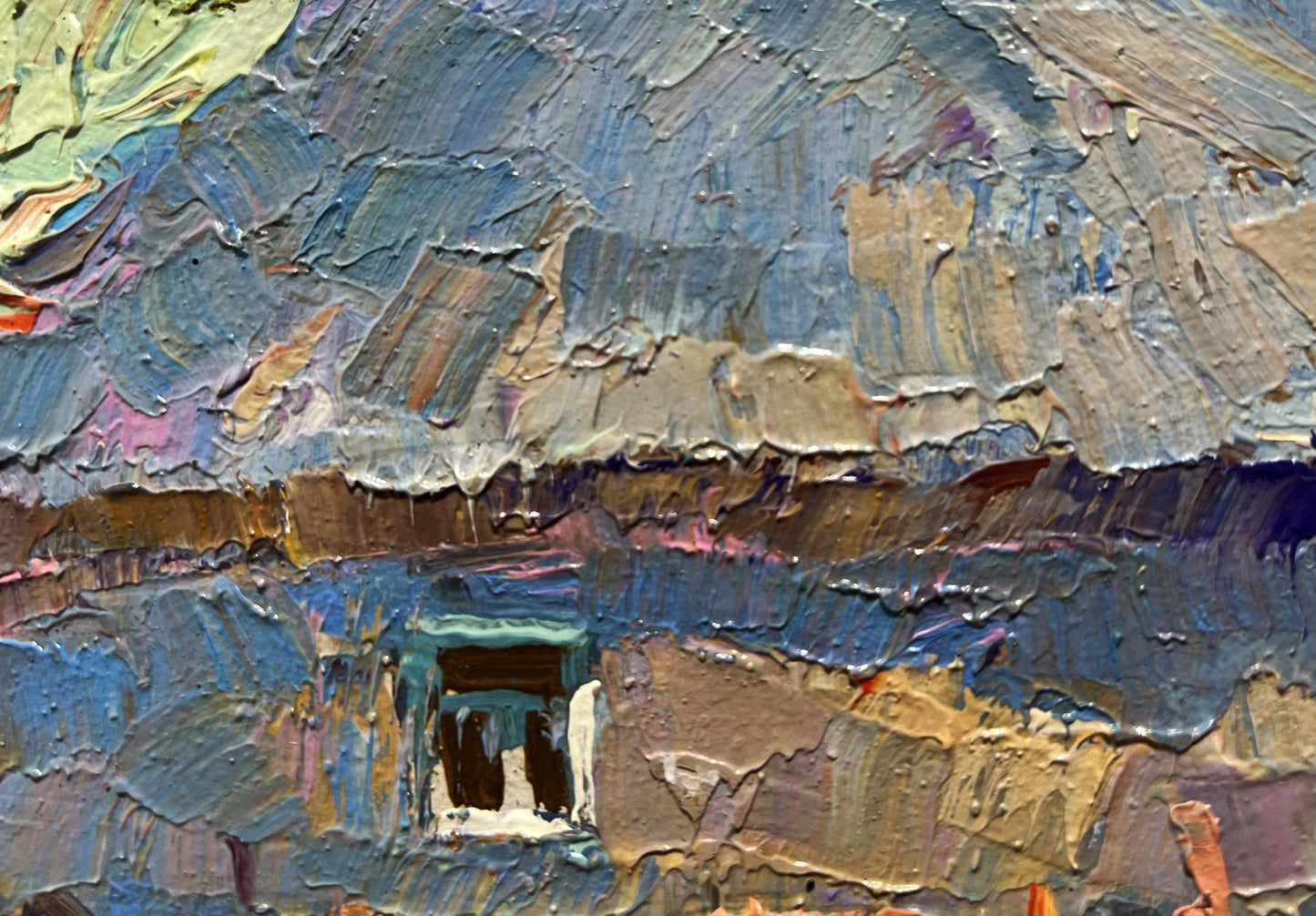 Oil painting Frost in the Yard by Oksana Ivanyuk with thatched roof