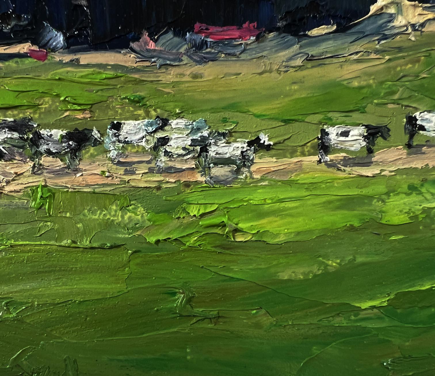 Oil painting Evening field by Boris Serdyuk: black-and-white cows in green field