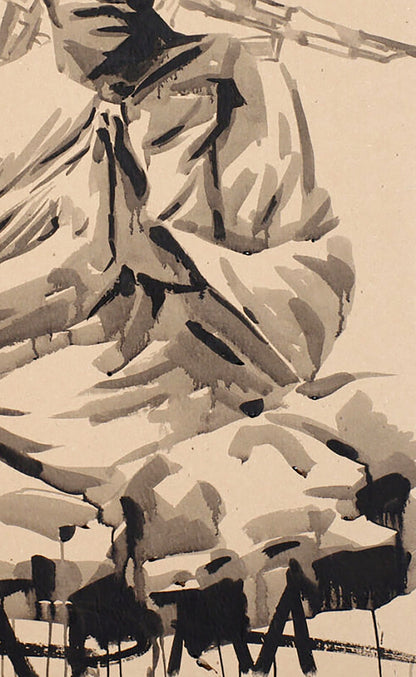 Monochromatic ink wash painting of seated figure in robes by Karma Dima Filatov