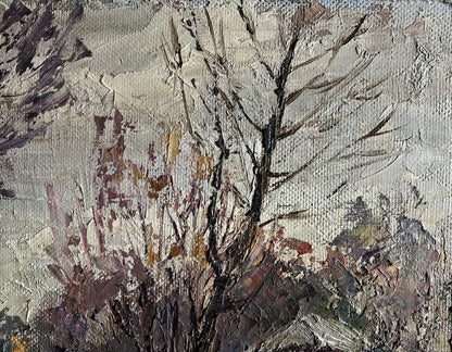 Oil painting Warm autumn days by Boris Serdyuk: textured bare tree in grays, browns, ochre