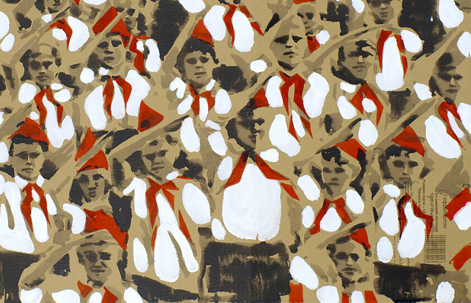 Stylized acrylic painting of Student meeting Dima Filatov with repeating faces in red hats on beige