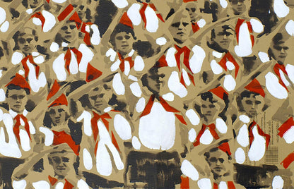 Stylized acrylic painting of Student meeting Dima Filatov with repeating faces in red hats on beige
