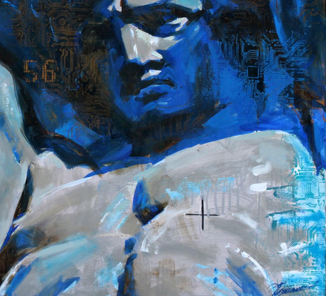 Oil painting Atlant Ed Potapenkov: abstract blue-gray face with circuit patterns