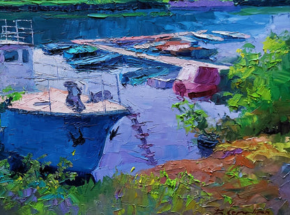 Oil painting Ferry by Boris Serdyuk: vibrant blue boat in impasto strokes