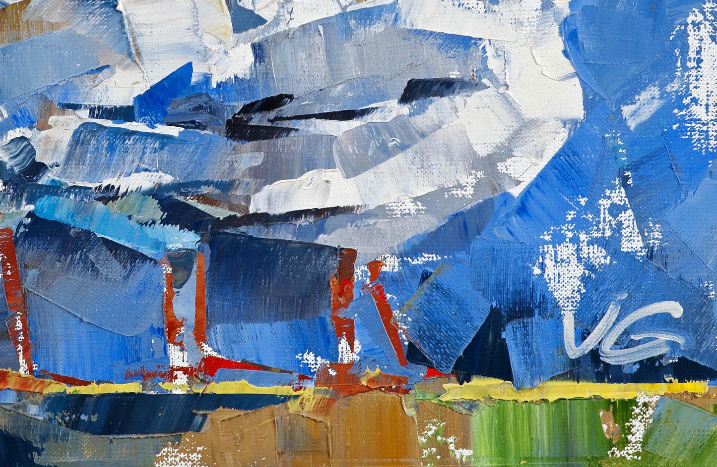 Oil painting Three Little Birds by Volodymyr Gluhomanyuk, bold blue white red strokes