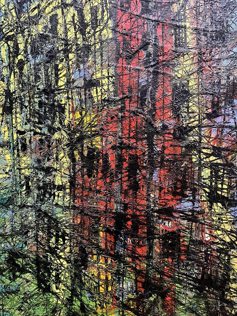 Oil painting Episode by Serhiy Kovalev: red yellow streaks on black textured background