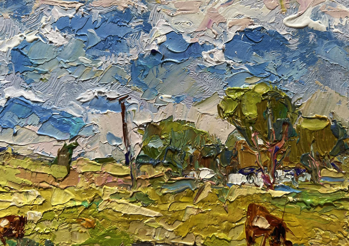 Impasto textured landscape Oil painting On a Hot Day in the Field by Oksana Ivanyuk