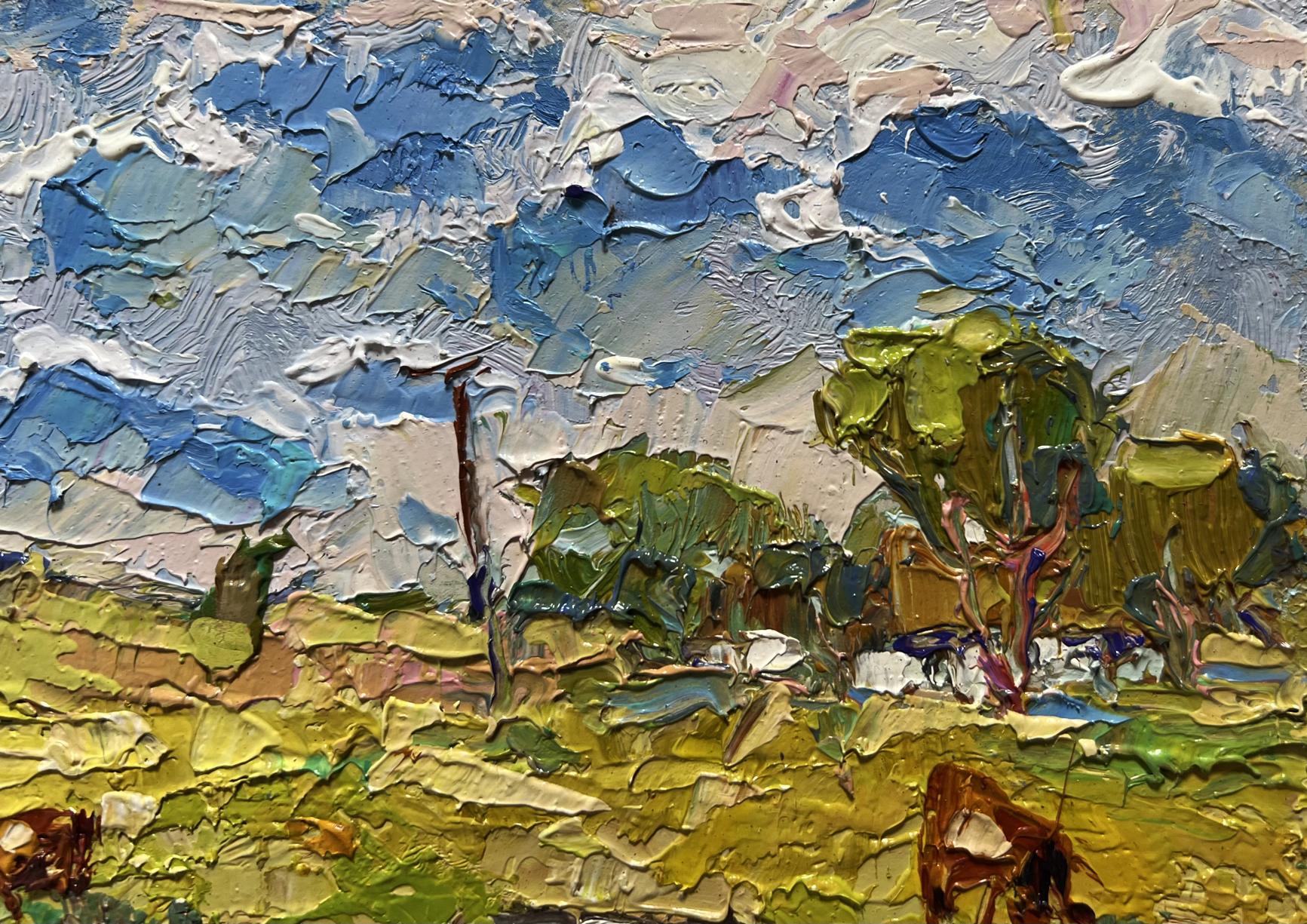 Impasto textured landscape Oil painting On a Hot Day in the Field by Oksana Ivanyuk