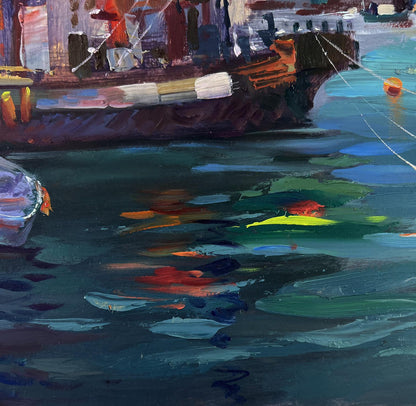 Vibrant impressionistic oil painting of boats bobbing at city pier by Yuriy Suprunchuk