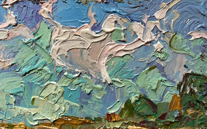 Oil painting White clouds over the field by Oleksiy Ivanyuk impasto style