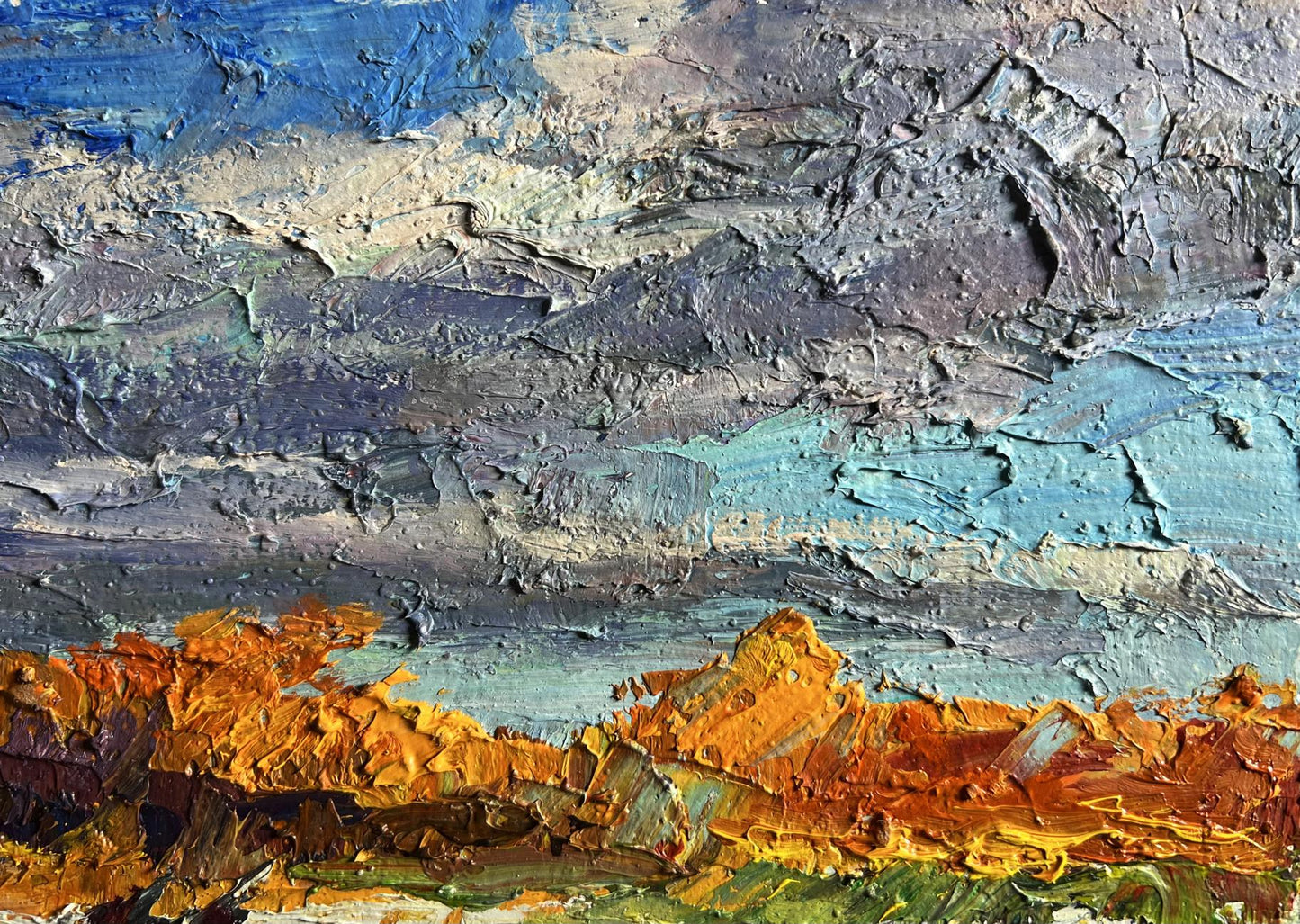 Oil painting The first snow fell by Boris Serdyuk with impasto blues and orange landscape