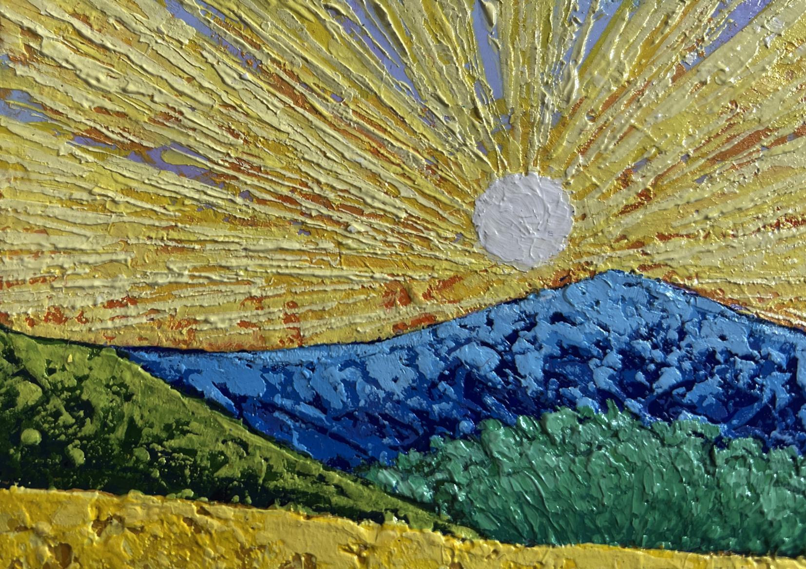 Oil painting of sunset rays over mountain valley by V. Zadorozhnya